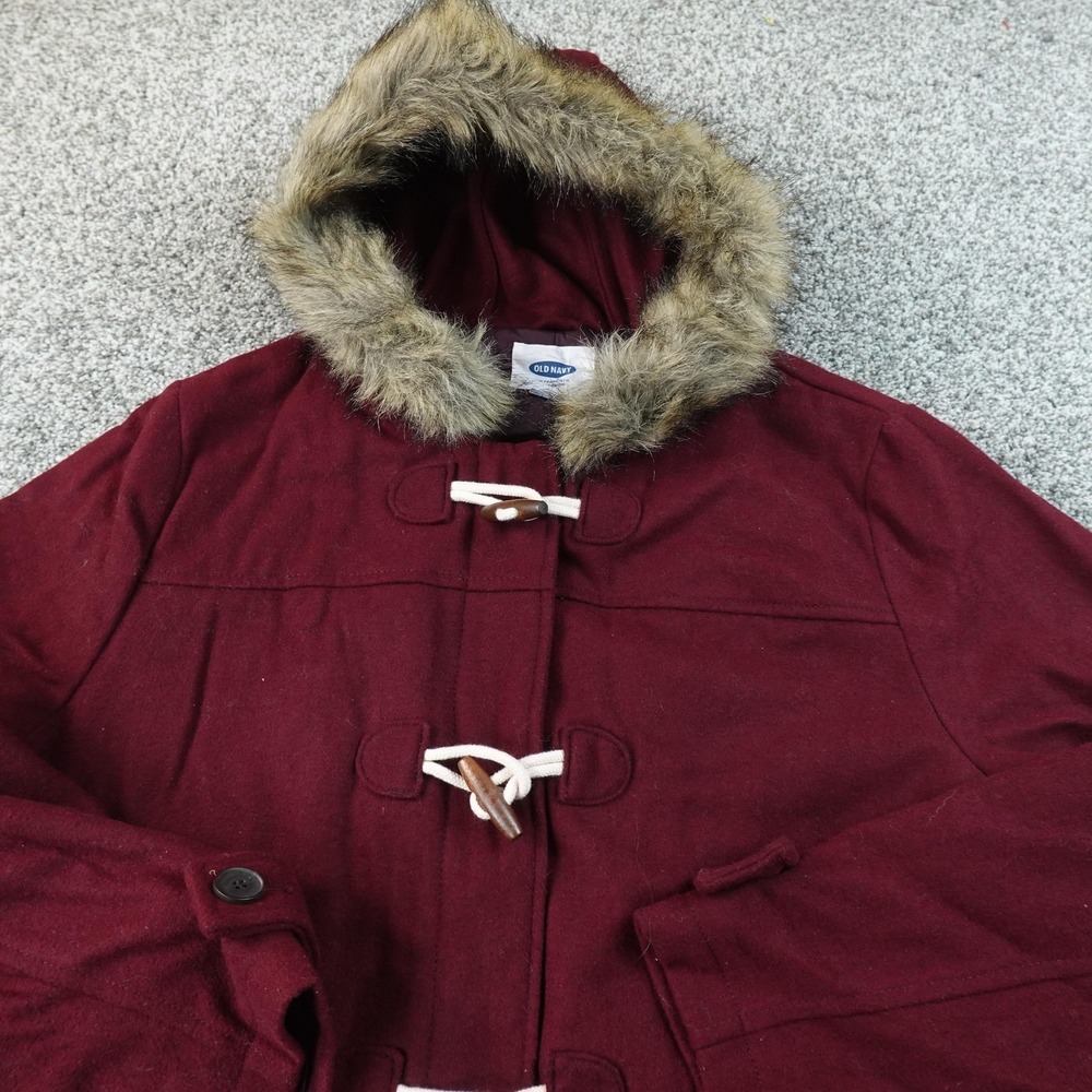 Old Navy Coat Womens 2X Red Wool Hooded Toggle Duffle Parka Faux Fur Jacket Cozy